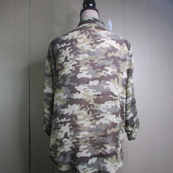 Living Doll Sheer Blouse Shirt M Button Up Camo Green Brown - Picture 8 of 12